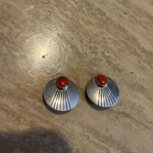 Vintage Southwestern Silver & Red Coral Clip On Earrings